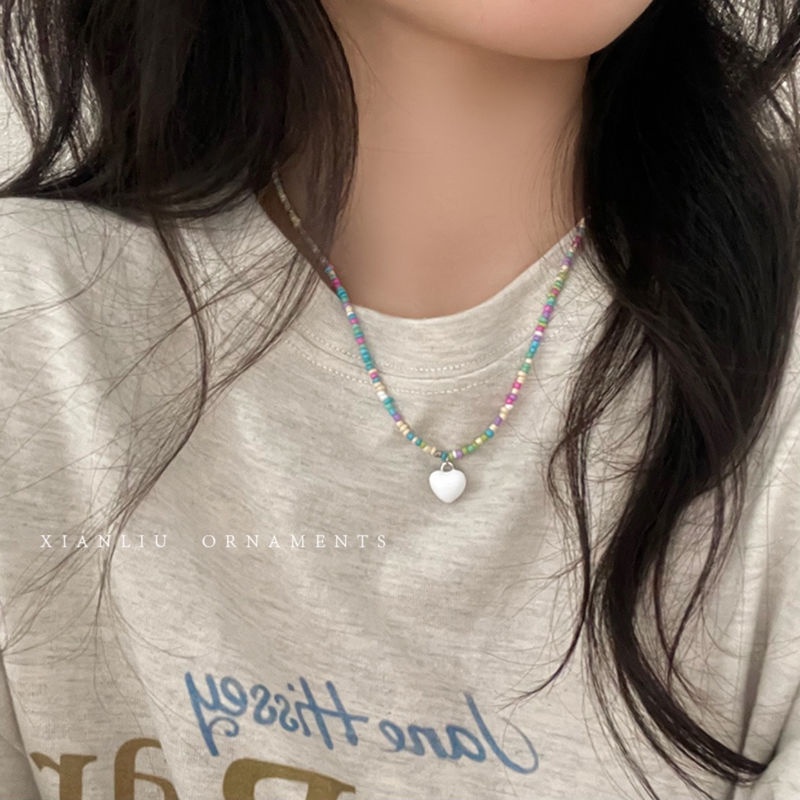 Lucu Enamel Hati Liontin Kalung Untuk Wanita Bohemian Handmade Manik-Manik Rantai Chokers Necklace Grosir Perhiasan