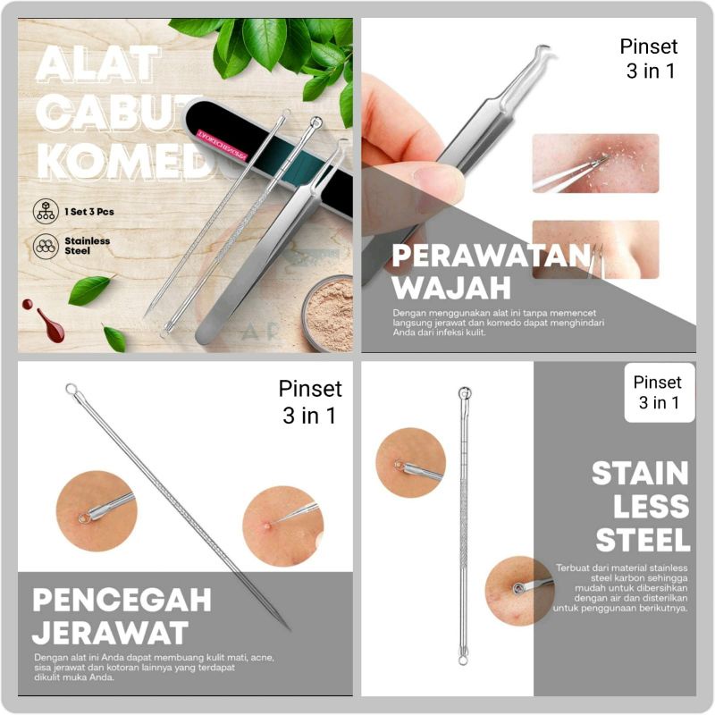 Pinset Komedo Stainless Steel 3in1 Set Perlengkapan Perawatan Wajah