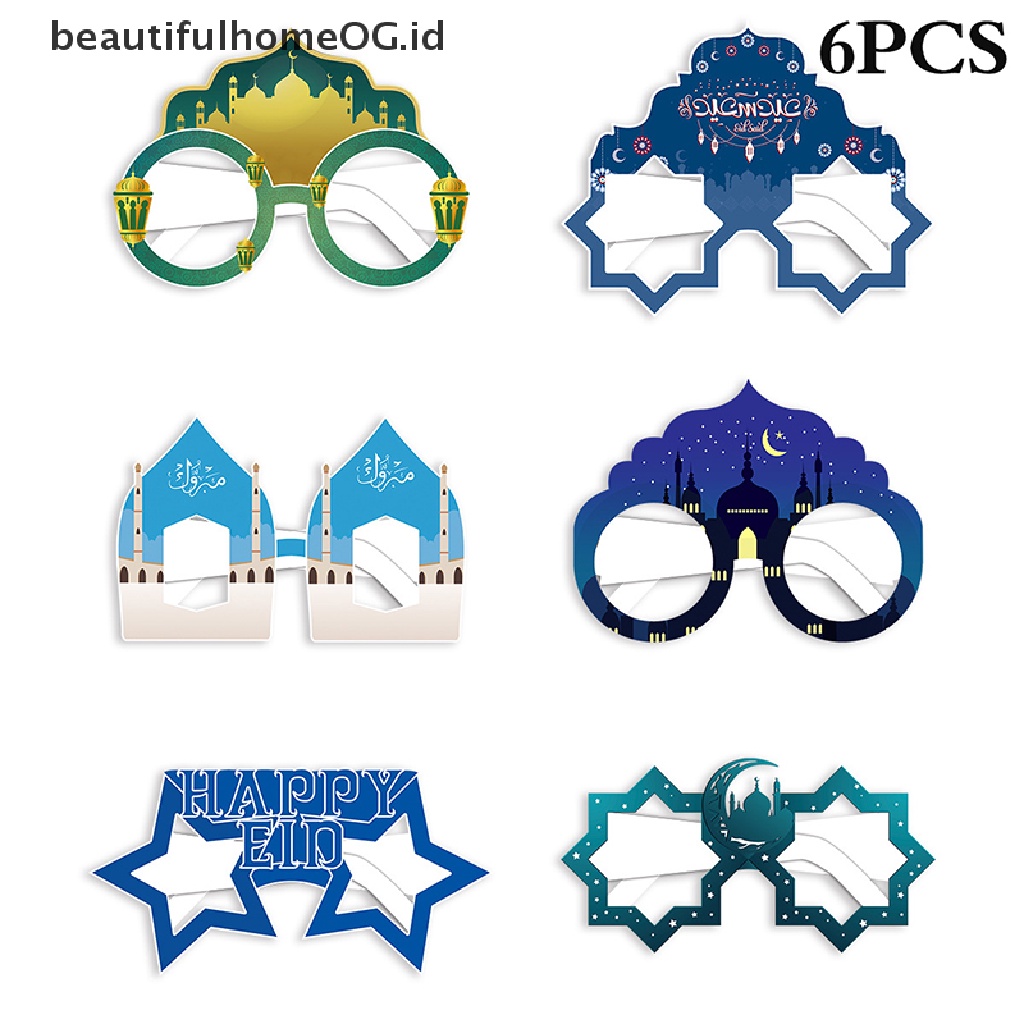 // Beautifulhomeog.id// 6Pcs Frame Kacamata Kertas Dekorasi EID Mubarak Perlengkapan Pesta Islami Props **