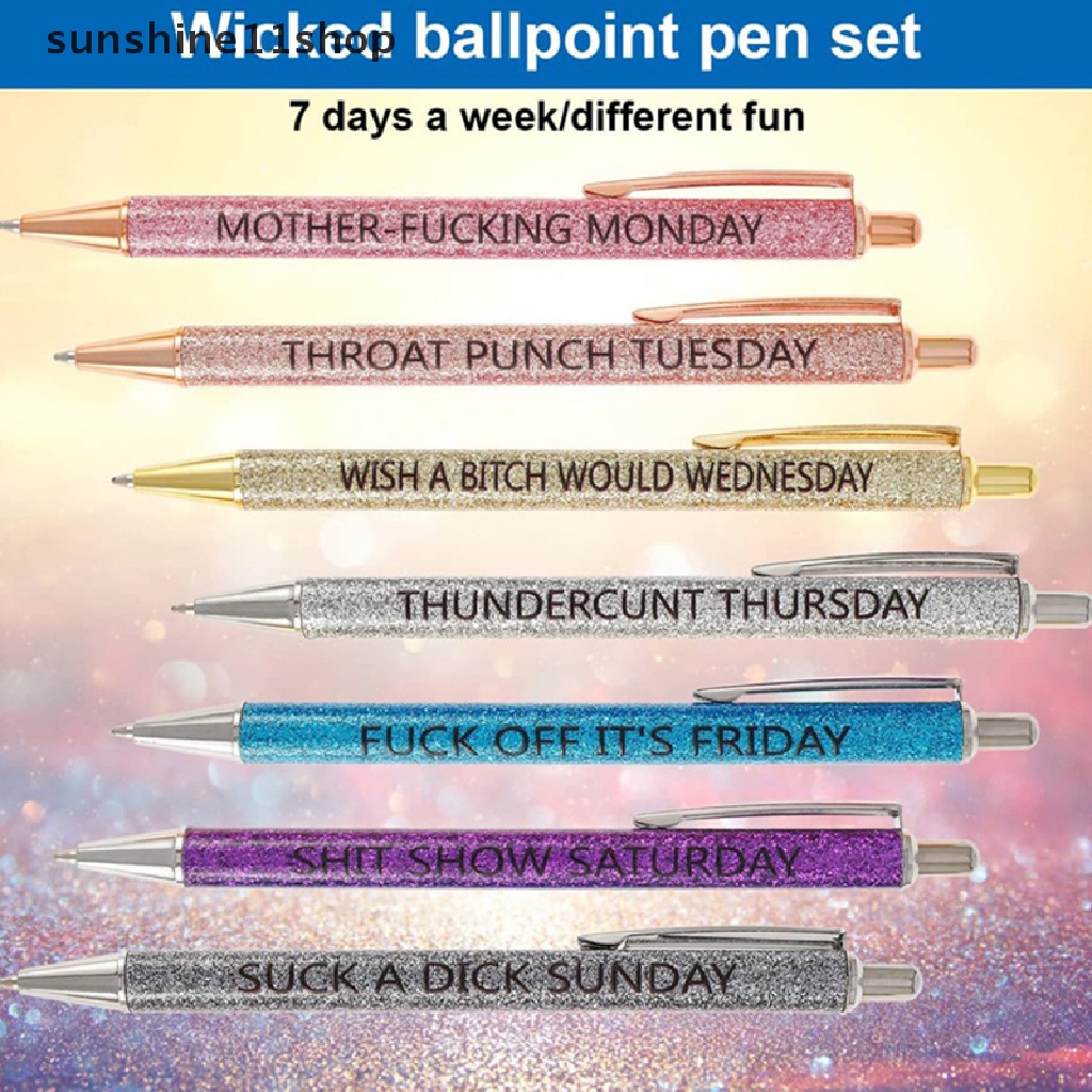 Sho 7pcs Pulpen Ballpoint Lucu Novelty Daily Pen Set, Gifta Kantor Ofensif, Weekday Vibes Glitter Pen Set N