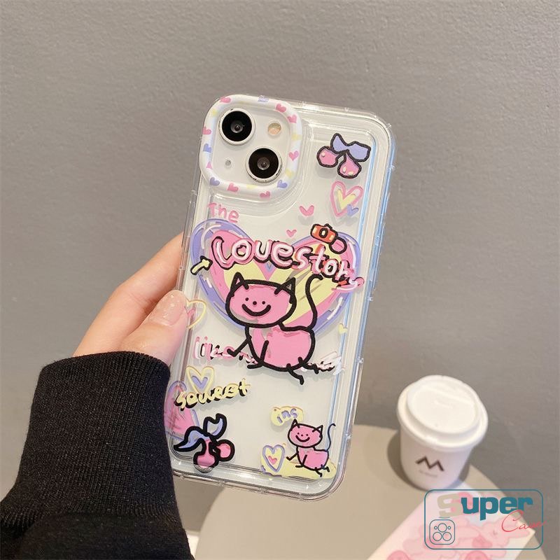 IPHONE Casing Ponsel Kompatibel Untuk Iphone11 7 8 Plus XR X13 12 14 Pro Max 6s 6 Plus XS Max SE 2020 Ins Graffiti Kartun Lucu Cinta Hati Kucing Lembut Silicon TPU Airbag Shockproof Clear Cover