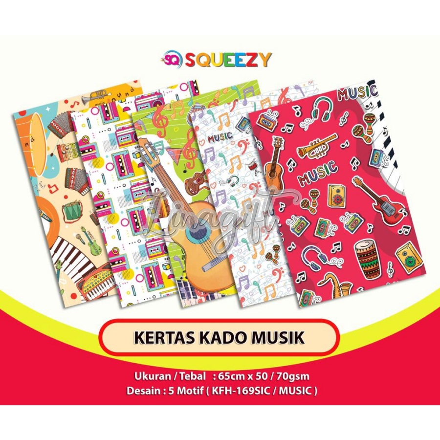 ( 5 Lembar ) KERTAS KADO SQ DOFF - GIFT WRAPPING MUSIC / MUSIK VINTAGE PATTERN - KERTAS KADO GITAR PIANO DRUM BIOLA VIOLIN