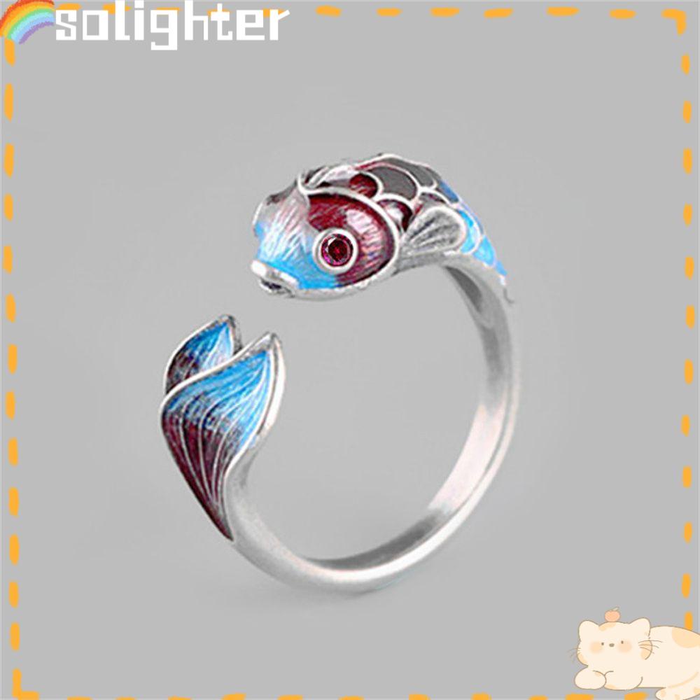 Solighter Rings Good Luck Perhiasan Warna Perak Ikan Koi Vintage Jari Rings