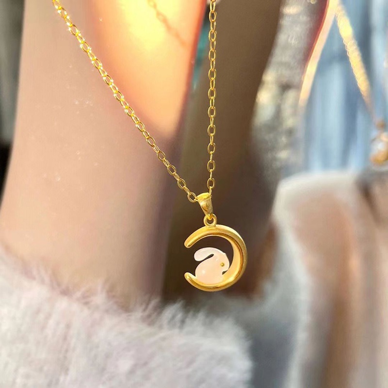 [KD] Hetian Jade Rabbit Zodiak Wanita Hewan Tahun Gaya Nasional Desain Liontin Kalung