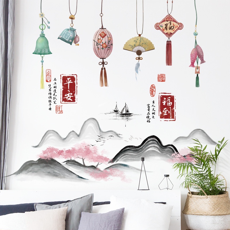 Gaya Cina Cina Simpul Latar Belakang Yang Dapat Dilepas Stiker Dinding Restoran Ruang Tamu Tahan Air Self-adhesive Landscape Wallpaper