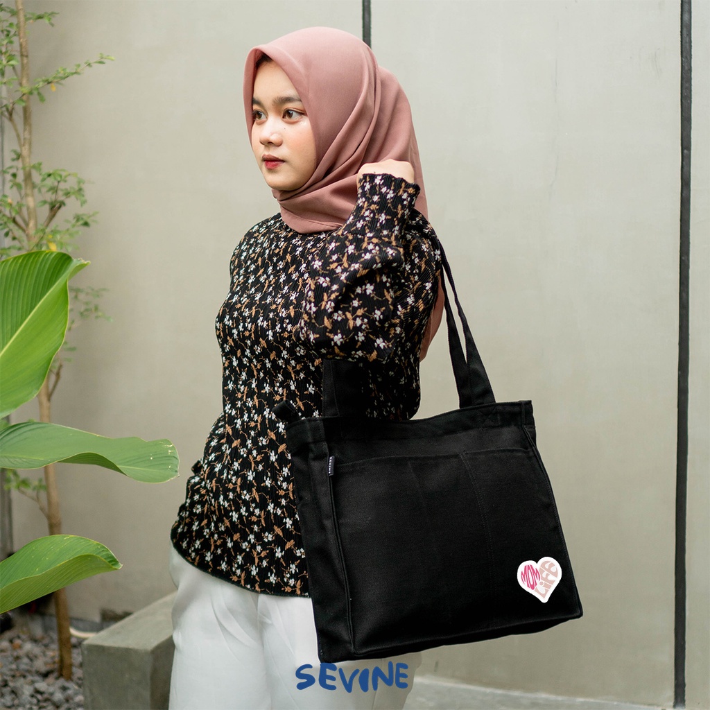 Sevine Totebag Kanvas Rebecca Tas Wanita Tote Bag Kuliah Sekolah Sekat Resleting Laptop Hitam Elegan Aesthetic - WW