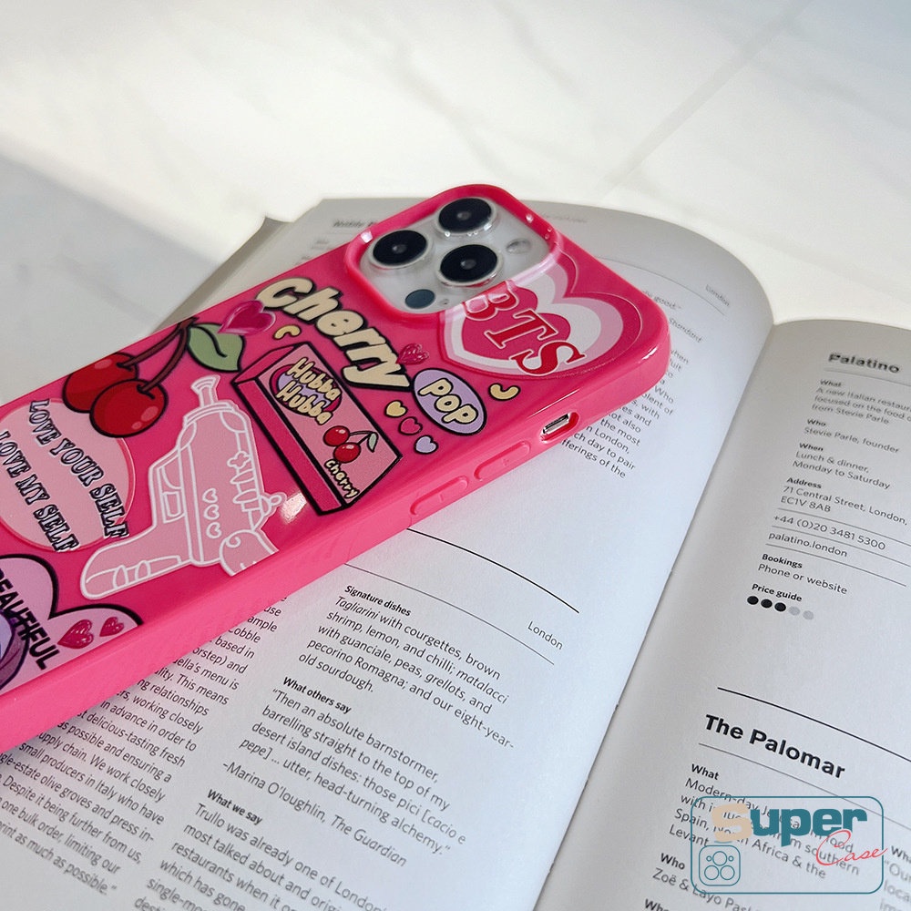 IPHONE Permen Glossy Case Kompatibel Untuk Iphone7 8 Plus XR 11 13 14 12 Pro Max X XS Max SE 2020 Rose Red Label Kartun Cherry Kamera Perlindungan Tahan Guncangan Lembut TPU Silicon Back Cover