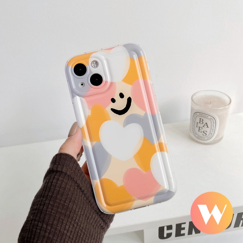 IPHONE Warna-warni Cinta Hati Shockproof Airbag Kartun Case Kompatibel Untuk Iphone11 12 14 13 Pro MAX XR X 6 6S 7 8 Plus XS MAX SE 2020 Pelindung Kamera Smiley Lucu Lembut TPU Back Cover