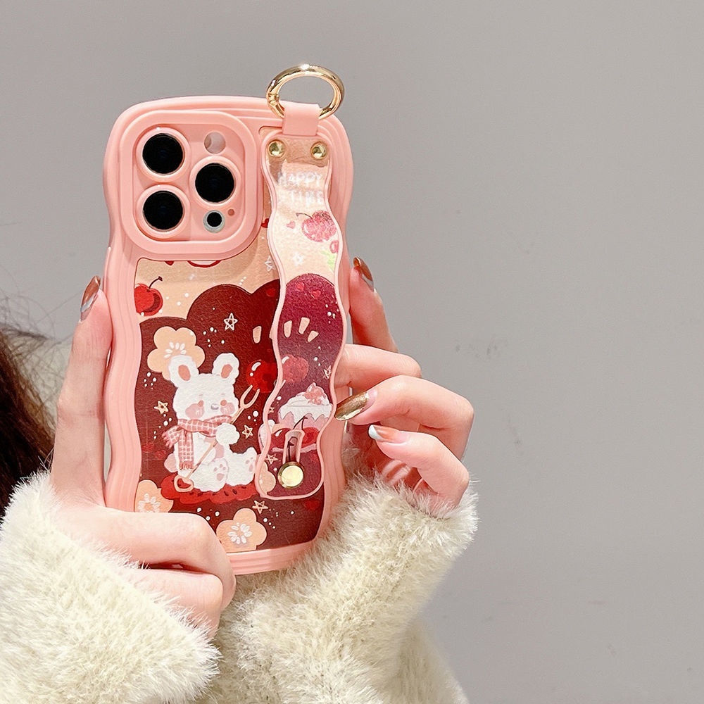 IPHONE Casing Ponsel Desain Bentuk Gelombang Kelinci Cherry Pink Kompatibel Dengan Iphone12 13 14 11 Pro Max X Xs Max Xr Qwsdx
