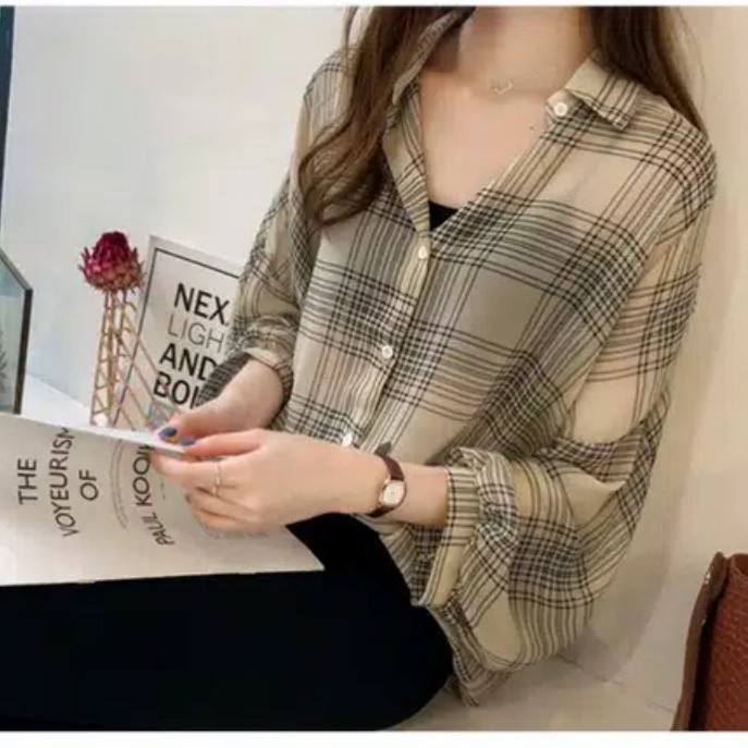 Promo - Guilen Oversize Shirt kemeja wanita motif kotak fanel wanita fashion - Hitam - Sedia kemeja 