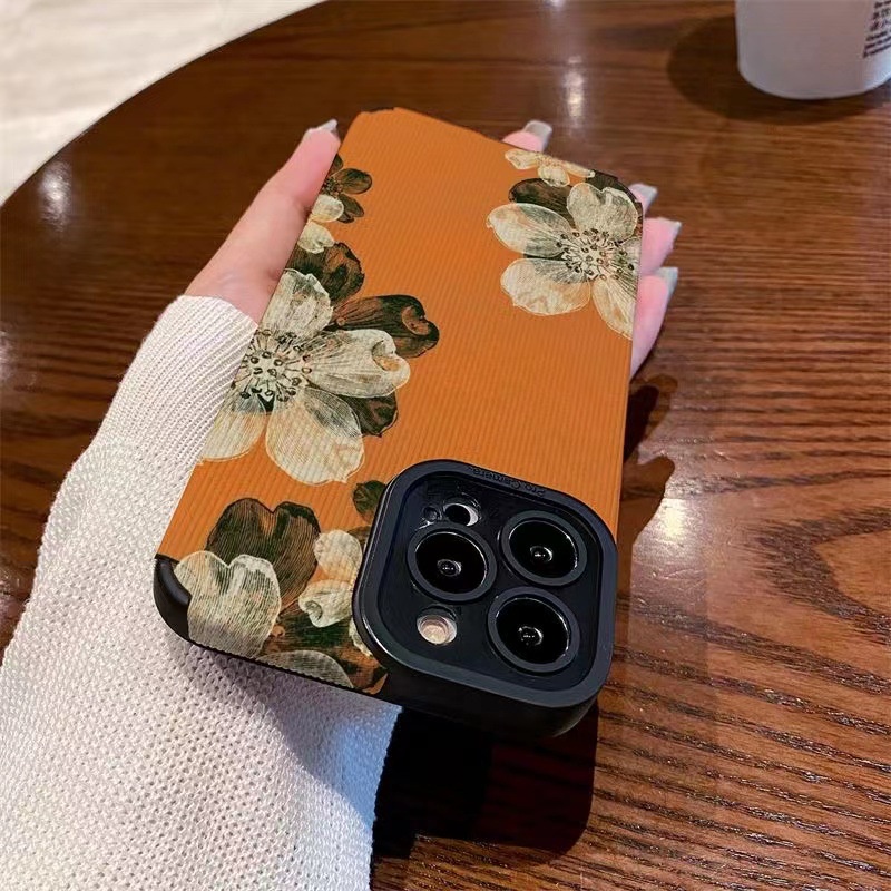 【Lamb Skin】Vertical Grain Soft Case for IPhone 6S 7 Plus 8 Plus X XS XR XS Max 11 13 12 14 PRO Max 14 Plus Orange Yellow Gardenia Flower