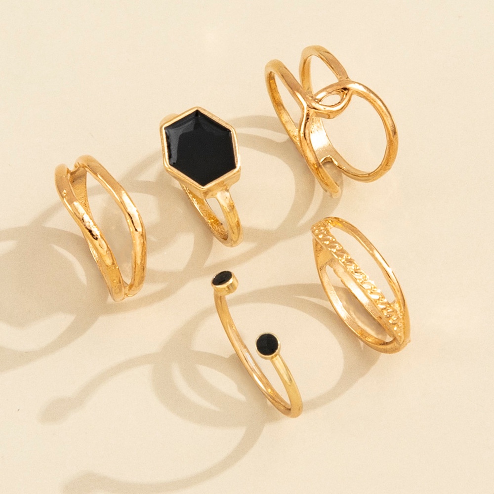 Set Cincin Berongga Tetes Minyak Geometris hexagonal Hitam retro Elegan, Trendi Dan Dipersonalisasi