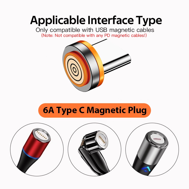 Untuk OPPO Samsung Xiaomi Android Type-C Magnetic Sucker Head 6A Magnetic Plug 6A Kabel Magnet Super Fast Charging USB Type C Cable Kepala Berputar 360derajat