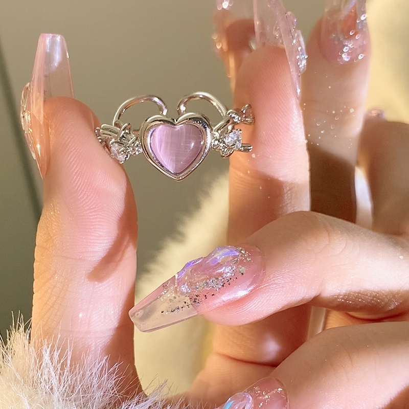 Cincin Silver Zircon Pink Manis Kristal Hati Pembukaan Adjustable Rings Untuk Aksesoris Perhiasan Wanita