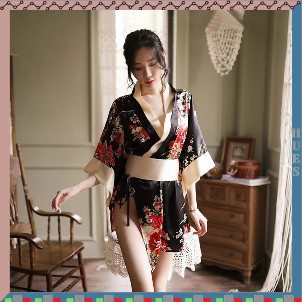 HUES.ID Kimono Jepang Cosplay Lingerie Bahan Satin Motif Bunga 3080
