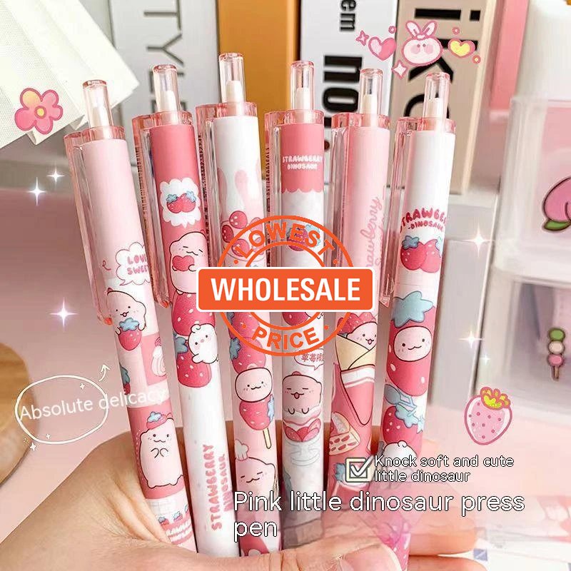 [Harga Grosir] [Gaya Random] Kawaii Strawberry Dinosaurus Press Gel Pen 0.5mm Tinta Hitam Bolpoin Siswa Menulis Tanda Tangan Pena Perlengkapan Alat Tulis Kantor Sekolah