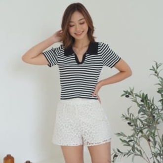 Korean Vneck Blouse Atasan Kerah salur polo Rajut Wanita