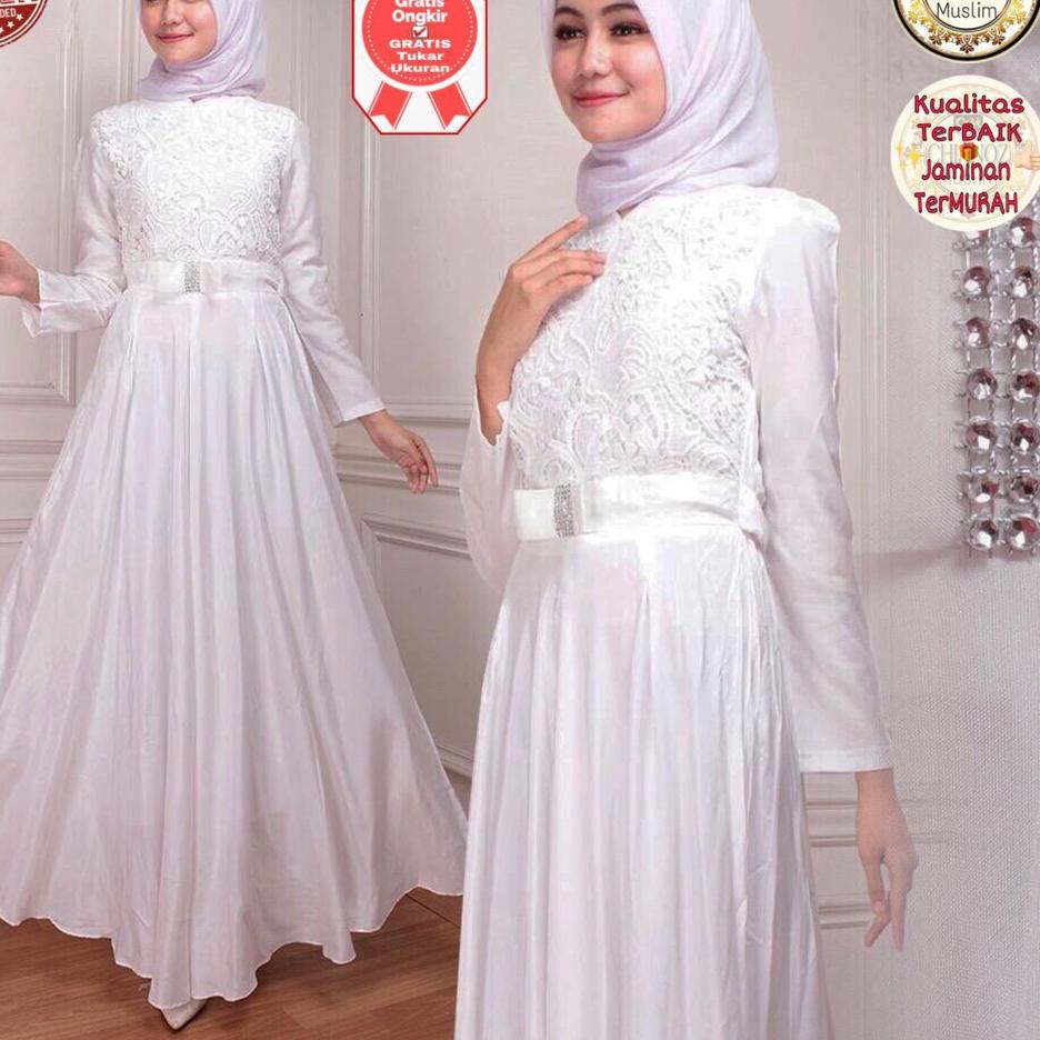 Kualitas Dijamin CHIANOZ Gamis Putih Ceruti Mewah Premium Sifon Mewah Brukat Renda Fashion Muslim Wa