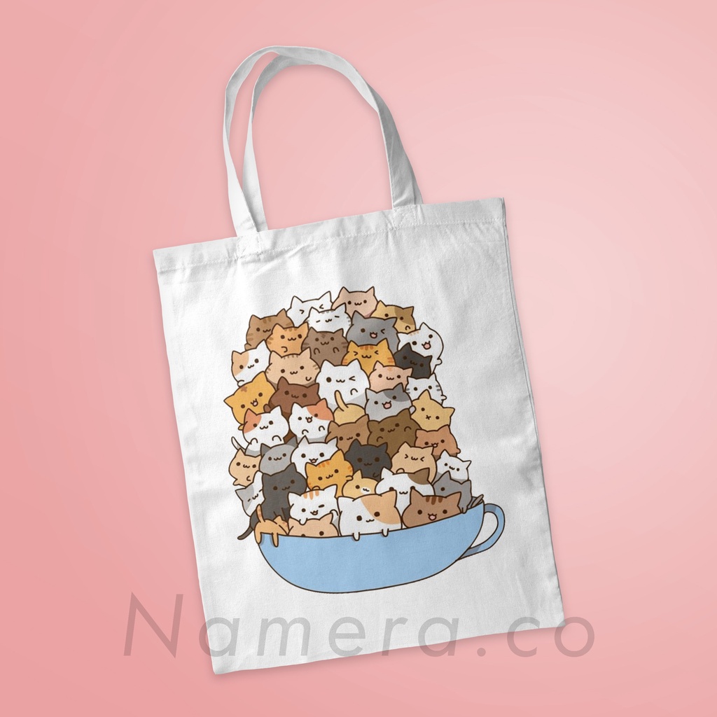 Tote Bag Resleting Kanvas Premium Fashion Tas Totebag Wanita Cats Cute Kucing Cartoon Art