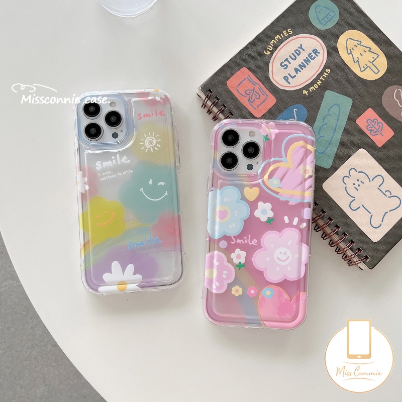 Cinta Hati Soft Phone Case Kompatibel Untuk IPhone 7Plus 13 11 14 12 Pro Max X XR XS Max 8 7 6s 6 Plus SE 2020 Bunga Smiley Lucu Shockproof Airbag Silicon Back Cover