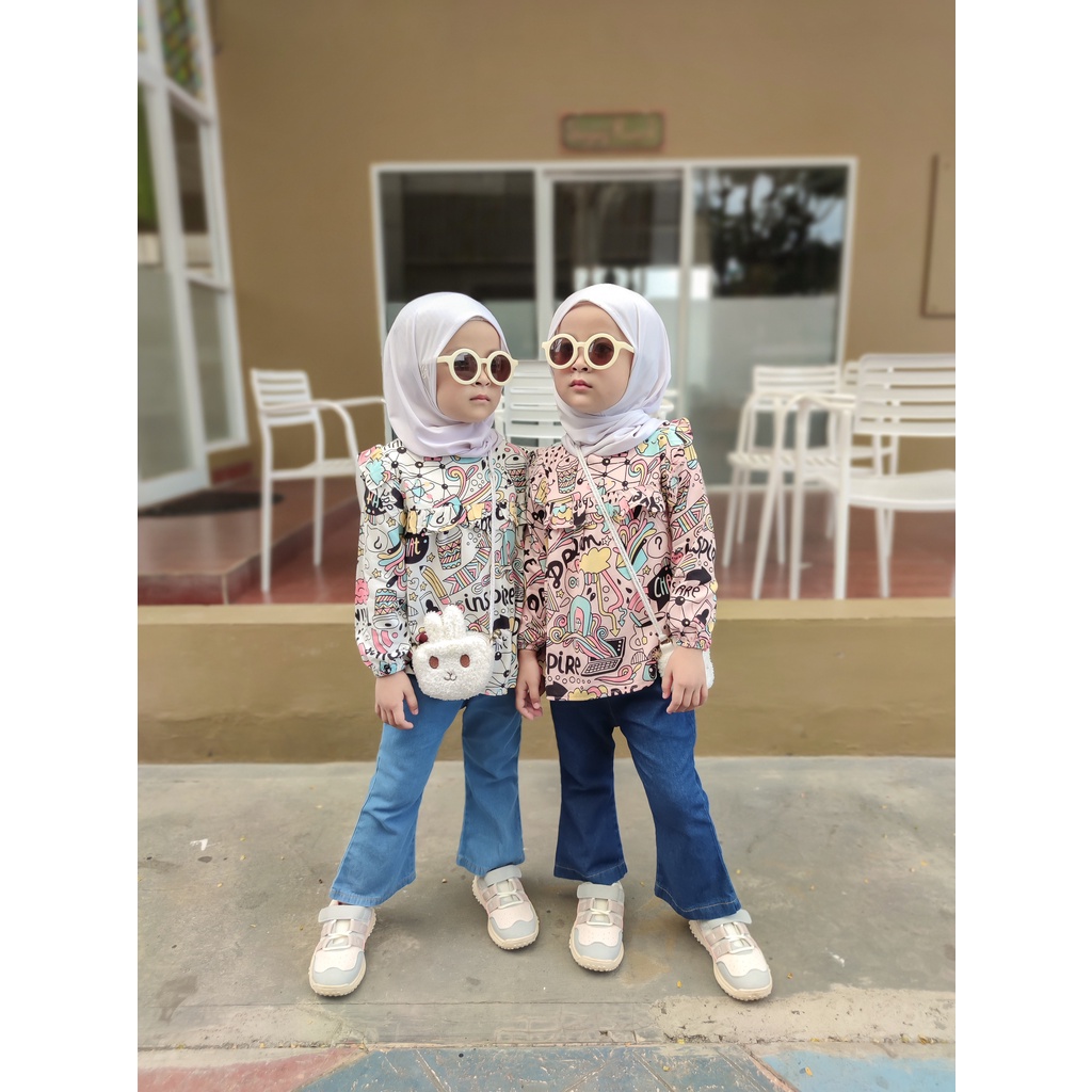 KALILA - RIBIE Setelan Baju Anak Perempuan Blouse + Celana Jeans Usia 1 - 7 Tahun