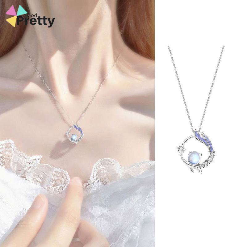 Kalung Rantai Klavikula Liontin Moonstone Gaya Korea Silver Untuk Wanita Aksesoris Perhiasan - PD