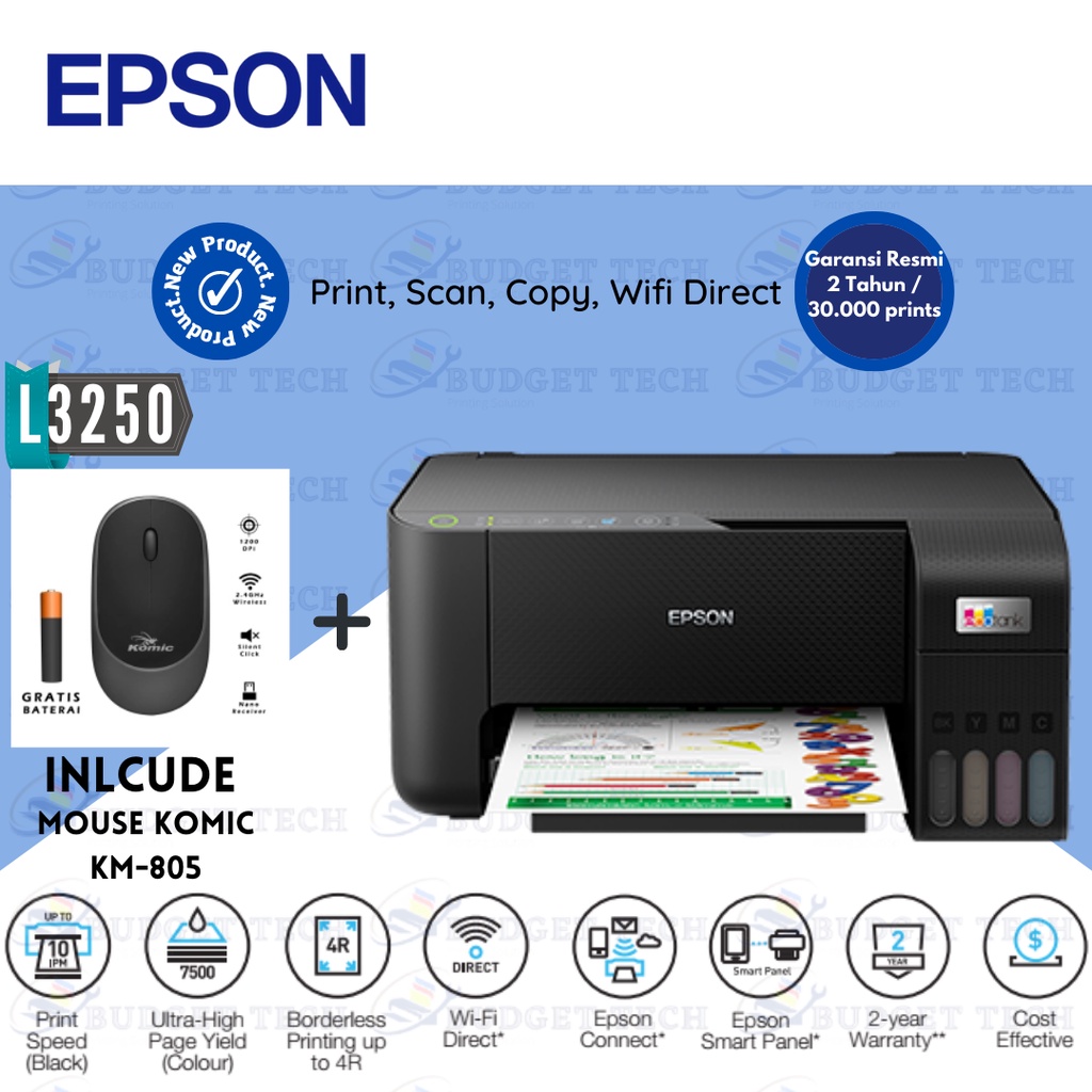 Termurah! Printer Epson L3250 BARU print scan copy wifi Pengganti L3150 TINTA ORIGINAL GARANSI RESMI EPSON 2THN/30.000LEMBAR