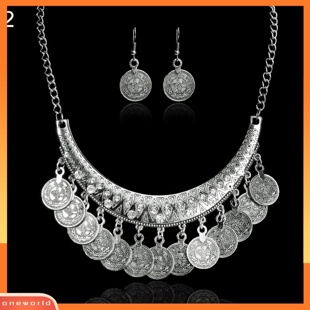 OW@ Vintage Antique Coin Statement Choker Chain Hoop Earrings Necklace Set Jewelry