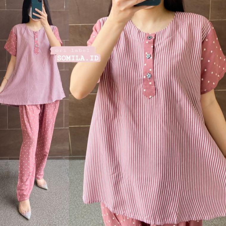 LANGSUNG ATC GROSIR SOMILA.ID JUMBO KULOT RC ONE SET ASMARA LENGAN PENDEK PIYAMA BATIK POLKA LINE
