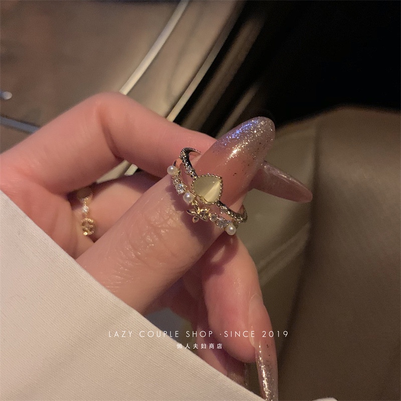 Cincin Emas Wanita Elegan Opal Hati Mutiara Kristal Ring Aksesoris Perhiasan