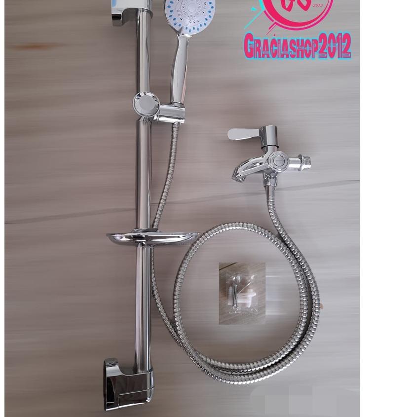 ◘ HAND SHOWER TIANG SET BONUS KRAN DOUBLE CABANG / STANDING PANCURAN KAMAR MANDI SEMPROTAN AIR MURAH