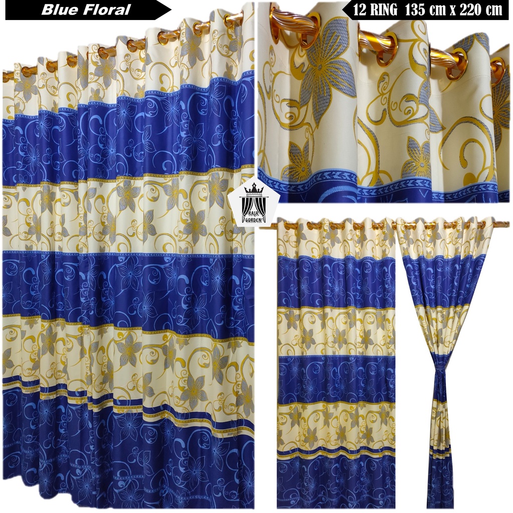 Hordeng Gorden Pintu Jendela Motif Bunga Blue Floral Warna Biru