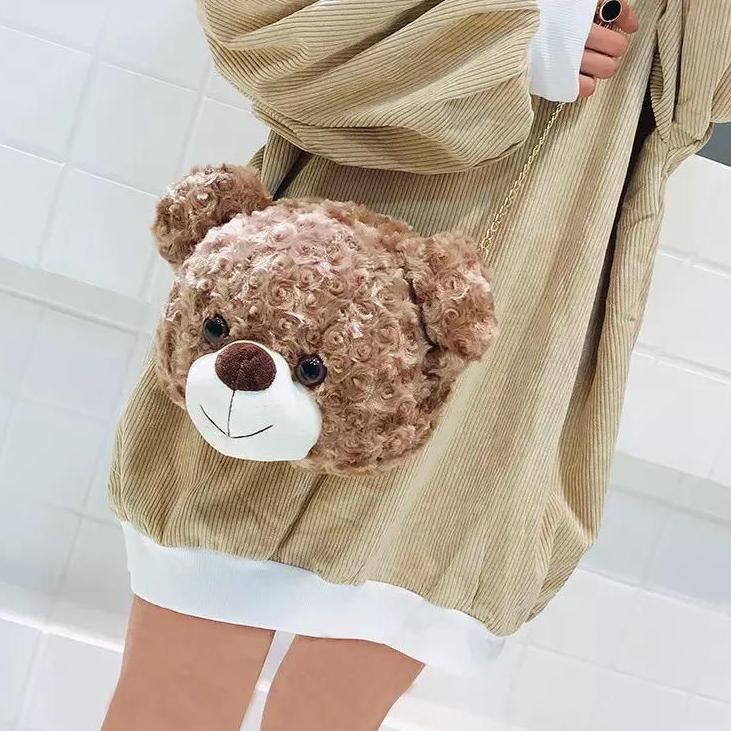 ֍ Tas Bulu Selempang Teddy Bear Tas Boneka Kepala Teddy Bear Tas Kekinian Tas ❅