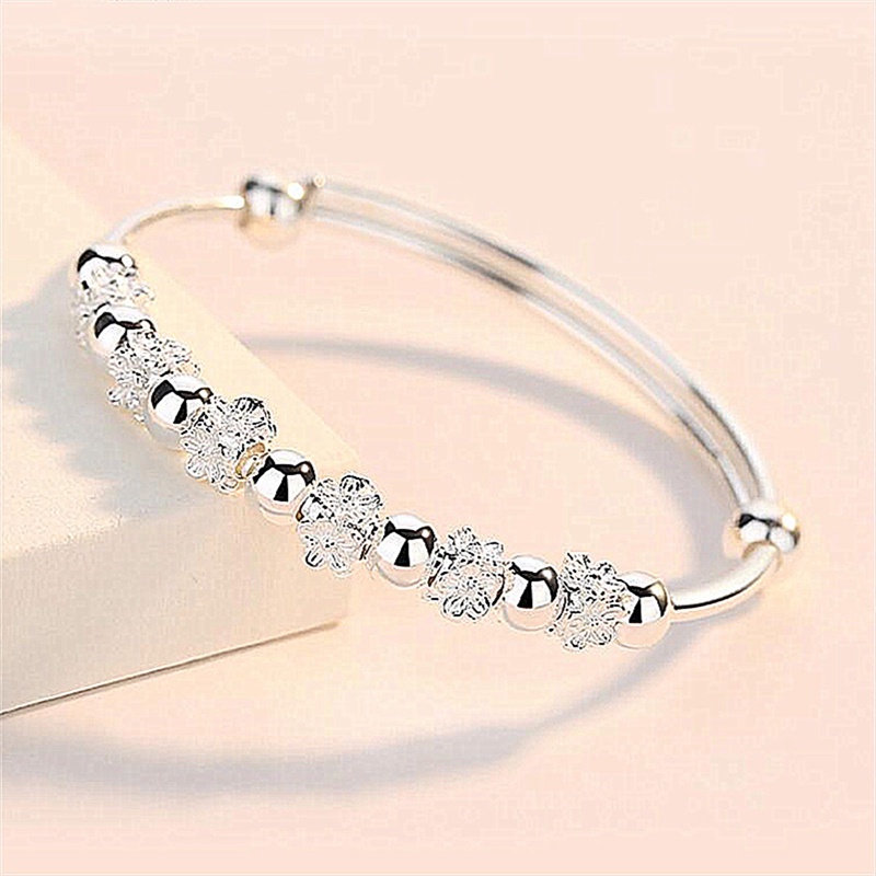 Plum Bunga Gelang Untuk Wanita925 Sterling Silver Beads Bangle Bracelet Transfer Beruntung Cuff Bracelet Adjustable Fashion Wanita Perhiasan Gadis Fidget Bracelet