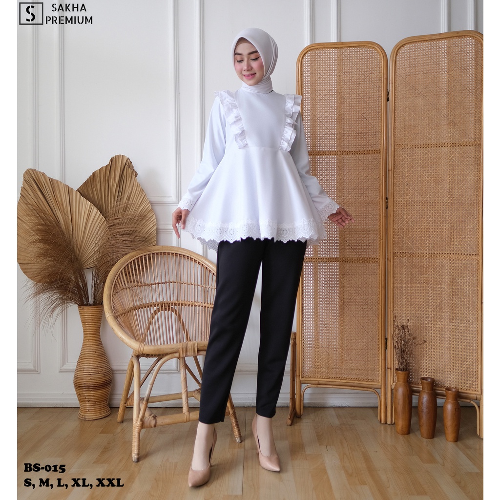 Sakha - BS 015 Pakaian Blouse Atasan Putih Wanita Kerja Casual Fashion Muslim Baju Putih Terlaris PNS