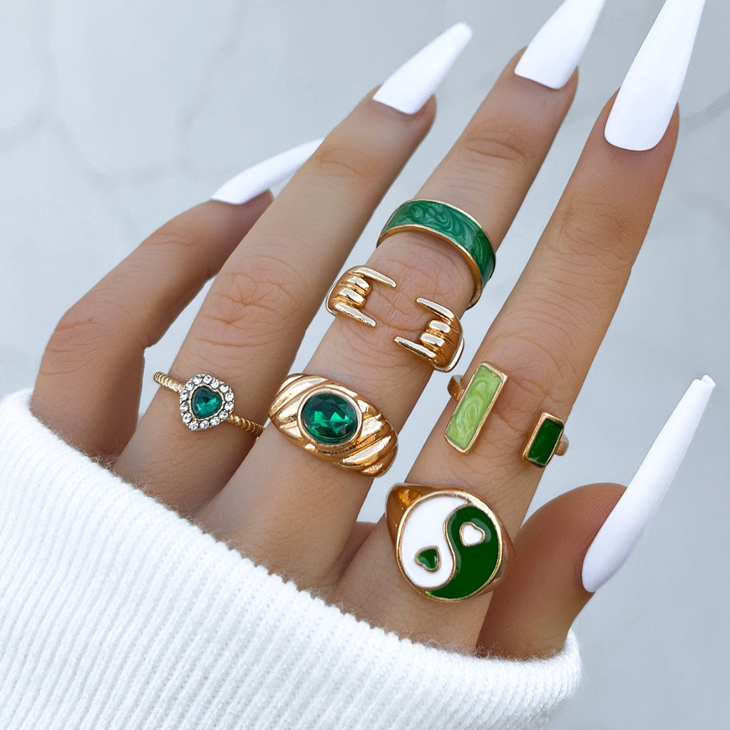 Hip-hop Desain Rasa Fashion Retro Cat Hijau Cinta Hijau Tai Chi Band Kristal Berlian Pembukaan Cincin 6-piece Set