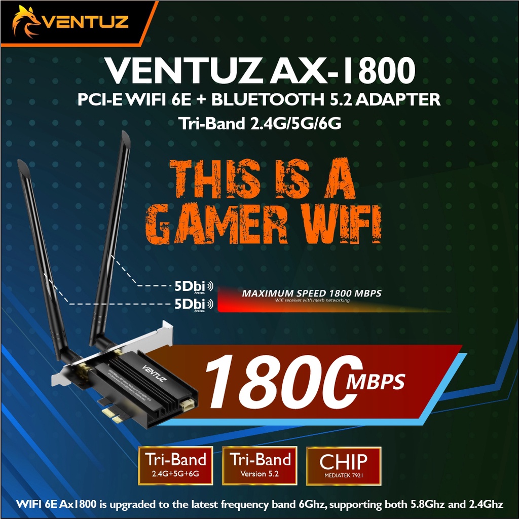 VENTUZ – AX-1800 PCI-E WIFI 6E + BLUETOOTH 5.2 ADAPTER Tri-Band 2.4G/5