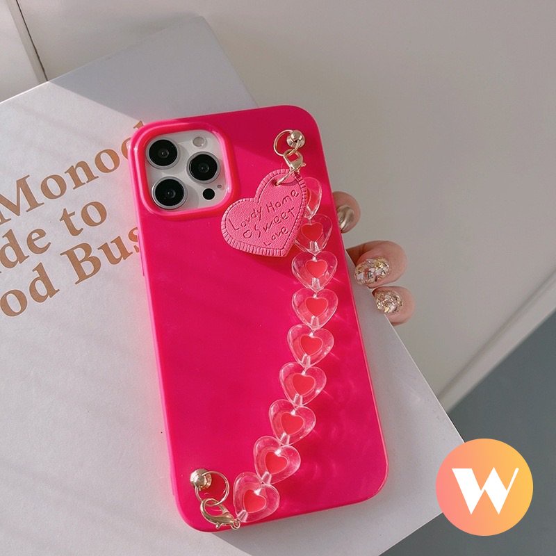 IPHONE Cinta Hati Gelang Tali Ponsel Case Kompatibel Untuk Iphone11 13 14 12 Pro Max7 8 Plus X XR XS Max SE 2020 Sederhana Lembut Tpu Glossy Halus Cover Dengan Pergelangan Tangan Mewah Band