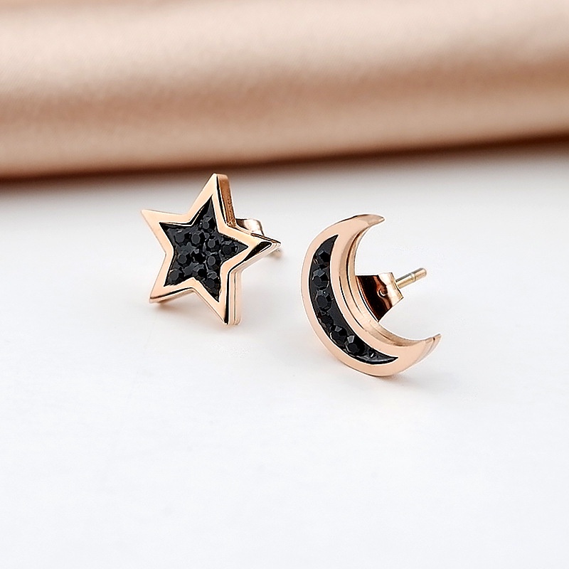 Anting Bentuk Bulan Bintang Asimetris Bahan Titanium Steel Warna Rose Gold Gaya Korea