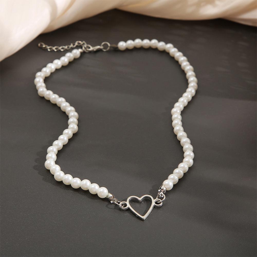 Timekey Kreatif Berongga Jantung Liontin Kalung Sederhana Vintage Alloy Mutiara Kalung Rantai Klavikula Perhiasan Aksesori J8K4