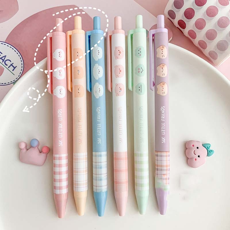 [Harga Grosir] [Random Styles] Kawaii Grid Pattern Press Gel Pen Cartoon Cute Animals Writing Signature Pen 0.5mm Black Ink Ballpoint Pen School Office Stationery Supplies