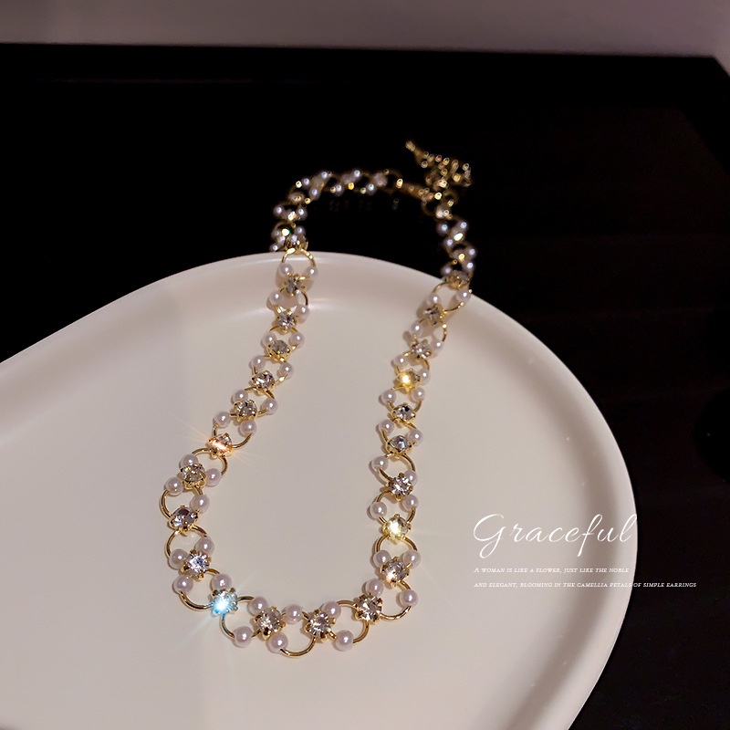 Kalung Emas Mutiara Elegan Untuk Wanita Mewah Kristal Necklace Choker Perhiasan Aksesoris