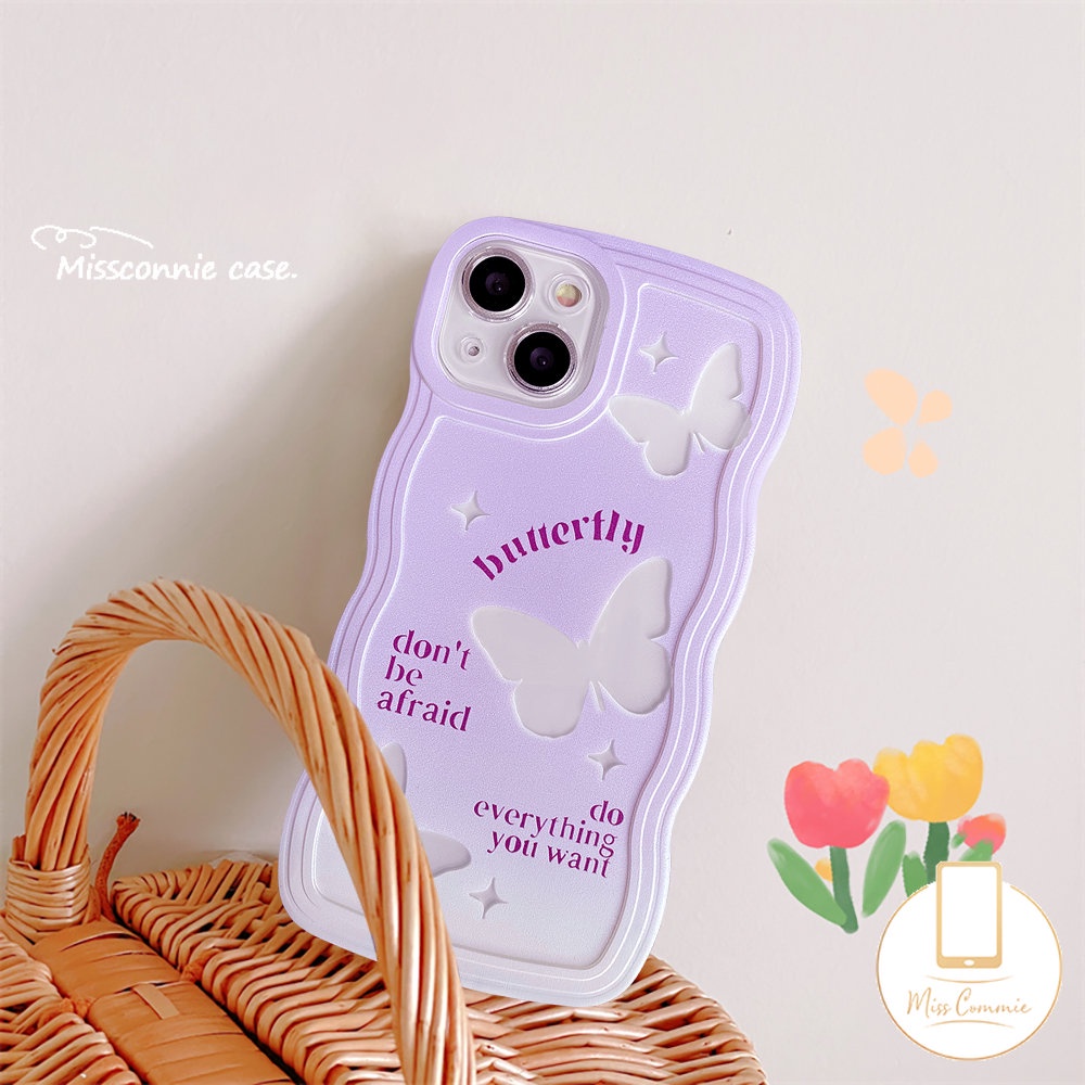 Casing Ponsel Kupu-Kupu Fantastis Kompatibel Untuk iPhone 7plus 8plus 11 14 13 12 Pro Max 6 6s 8 7 Plus XR 14Plus X XS Max SE 2020 Ungu Gradiasi Tepi Bergelombang Lembut TPU Cover
