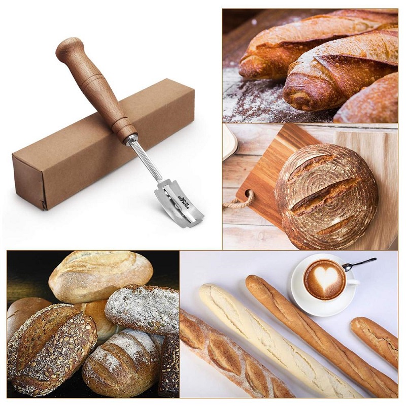 Alat Pemotong Pemotong Baker Roti Bread Lame Dough Scoring Blade Tools Making Razor Cutter Curved Knife with Leather Protective