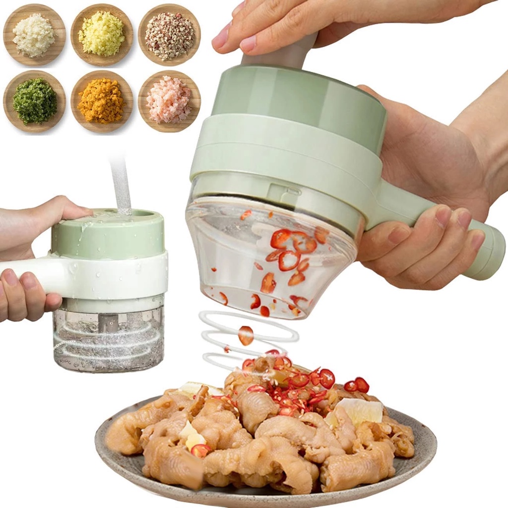 【COD】4 IN 1 Handheld Electric Cutter Durable Food Chooper Chili Vegetable Crusher Kitchen Tool USB Charging Ginger  Masher Machine