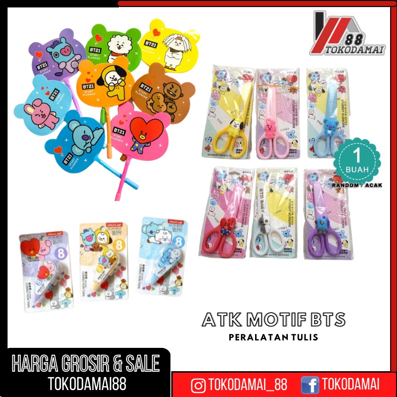 ALAT-ALAT TULIS ATK PENSIL, PENGHAPUS,  PULPEN DAN TIPE-X ROLL MOTIF BTS 21