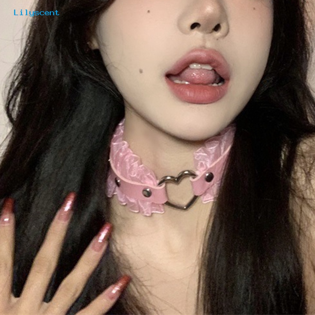 [LS] Wanita Choker Punk Harajuku Ruffle Renda Paku Keling Hadiah Kulit Imitasi Berongga Cinta Hati Gadis Kerah Kalung Pakaian Sehari-Hari