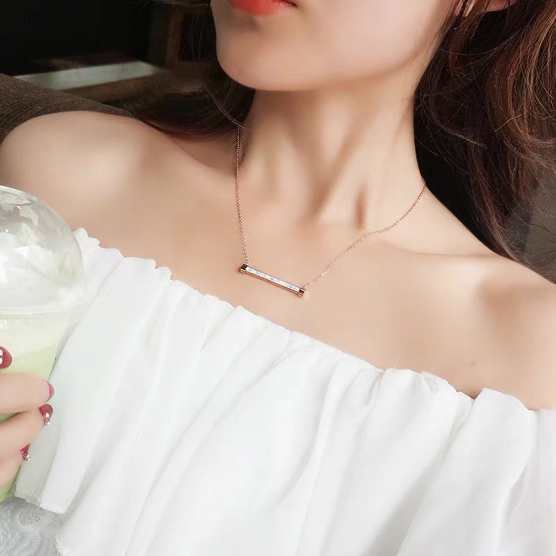 Kalung Berlian Imitasi Model Datar | Kalung Rantai Dengan Liontin Strip Horizontal Full Berlian Imitasi Untuk Wanita | Aksesoris Wanita Bahan Stainless Steel