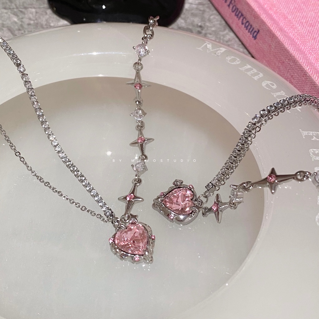 Kalung Love Hati Permata Pink Mewah Fashion Chain Choker Untuk Aksesoris Perhiasan Wanita