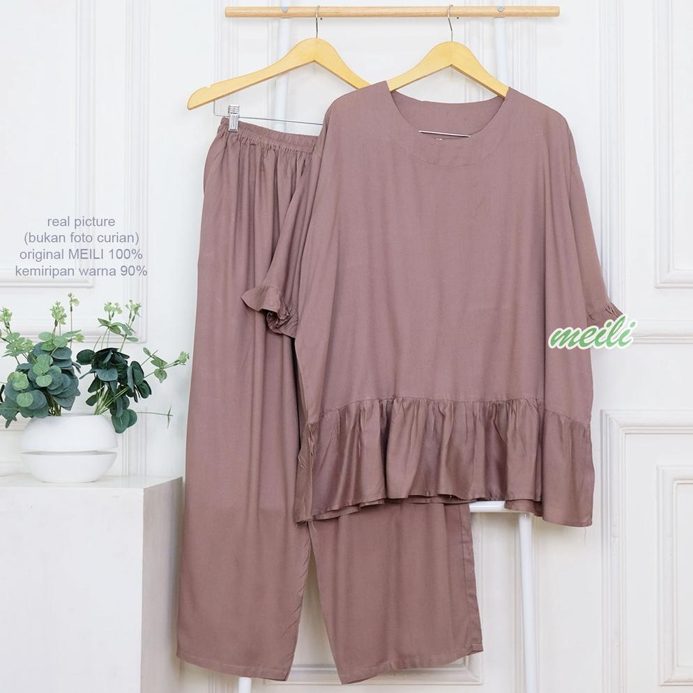 Jumbo | Celana Panjang Setcel Lengan Pendek Lolita Ruffle Oneset Piyama Rempel Rayon Super Oneset Bi